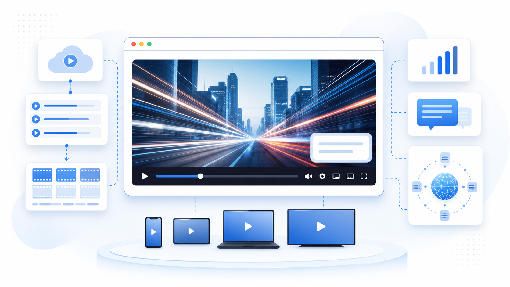 Browser-based HLS player illustration with playlist segments and adaptive streaming controls