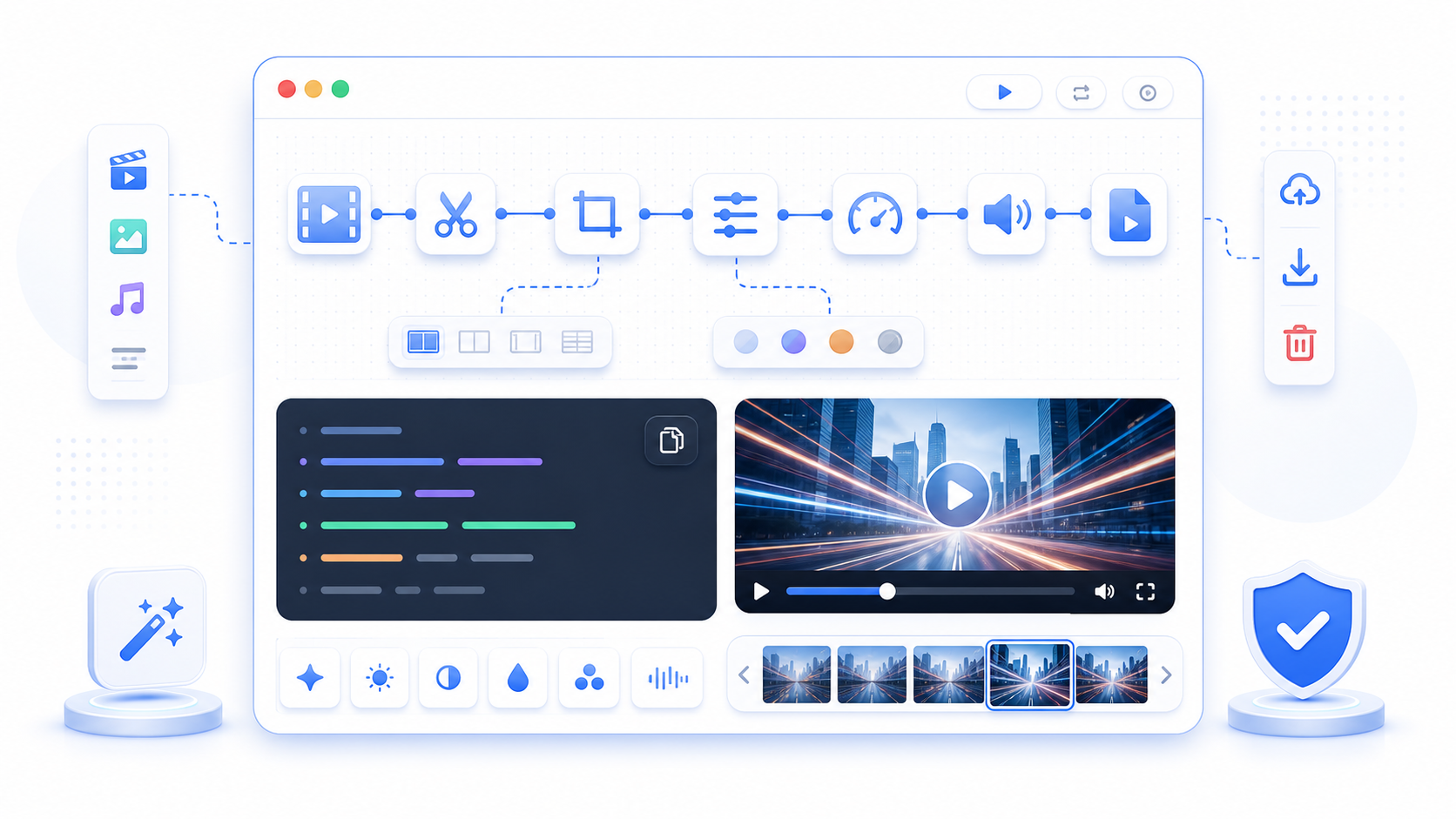 Visual FFmpeg command generator workflow with connected video processing blocks