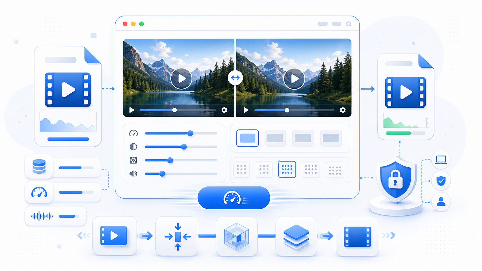 Browser video compression workflow with quality and resolution controls